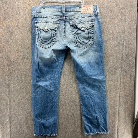 Vintage True Religion Jeans Mens 42 Blue Denim Distressed Cotton Straight Ripped - Picture 4 of 11